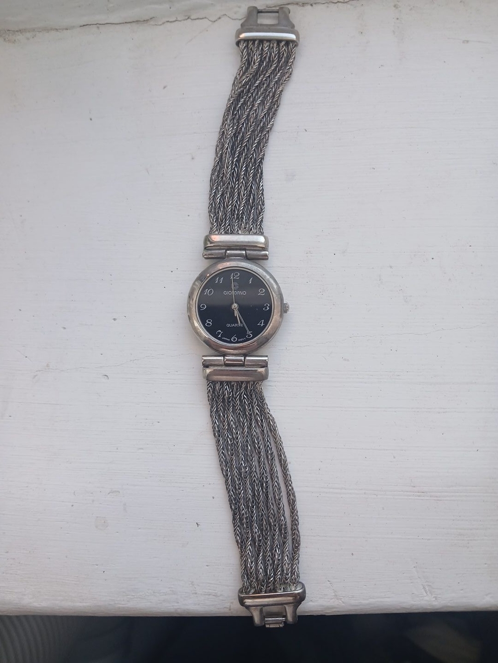 Women's 80s 90s Giordano Silver-Tone Braided Bracelet Watch - Black Dial